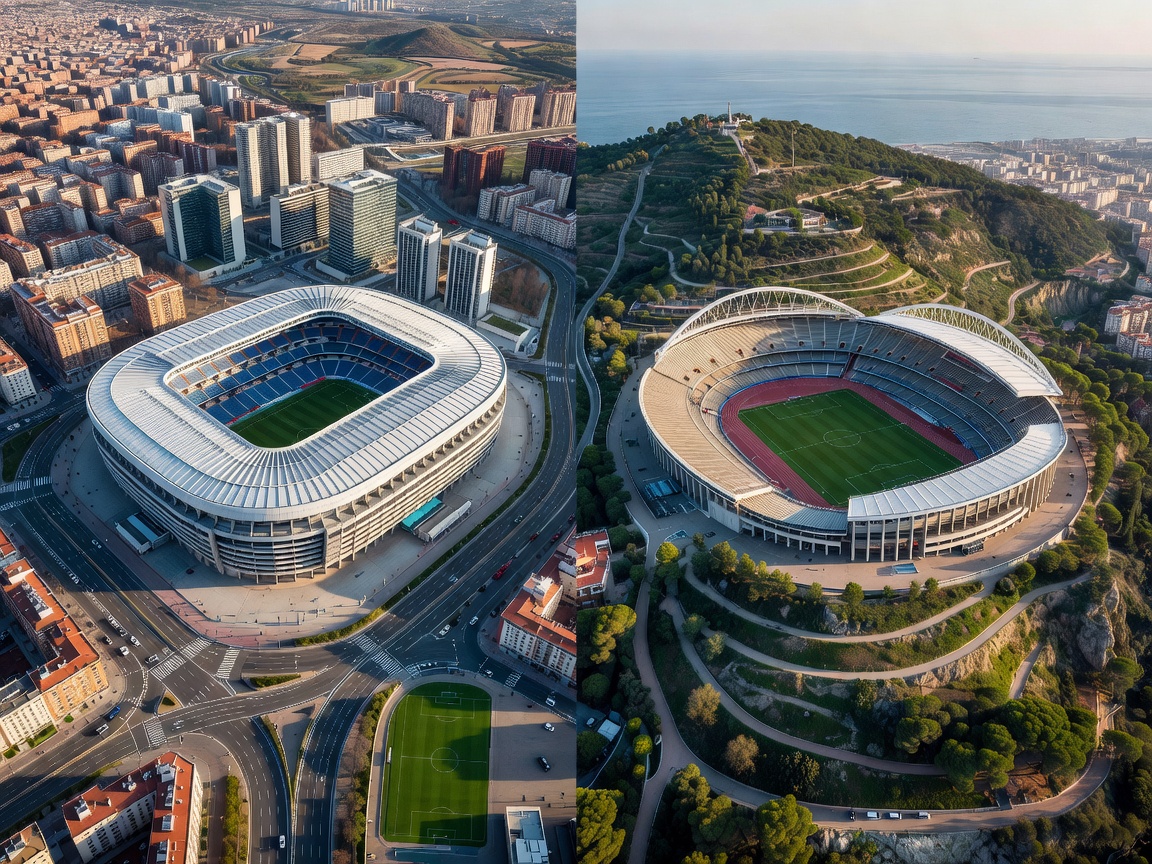 Santiago Bernabeu and Montjuic stadium tactical aerial overview