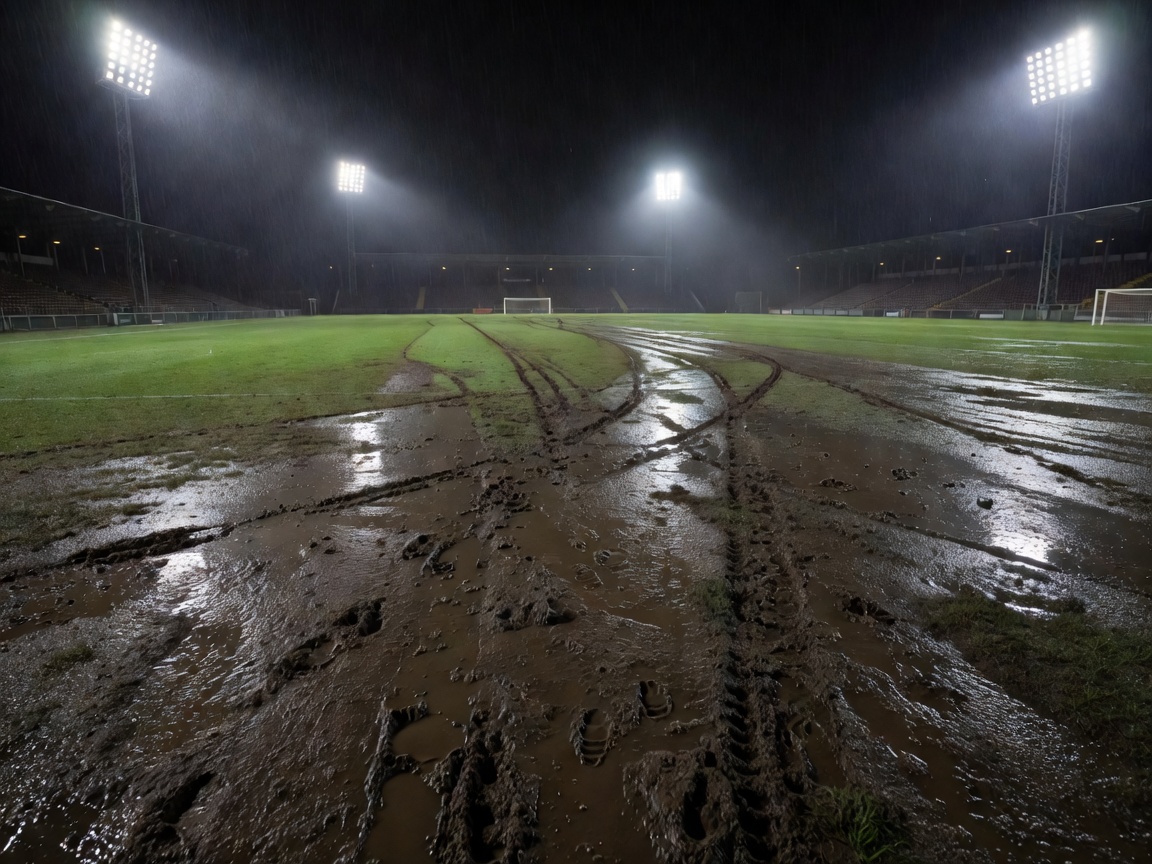 Stadium floodlights shining on muddy Spanish pitch after rainfall