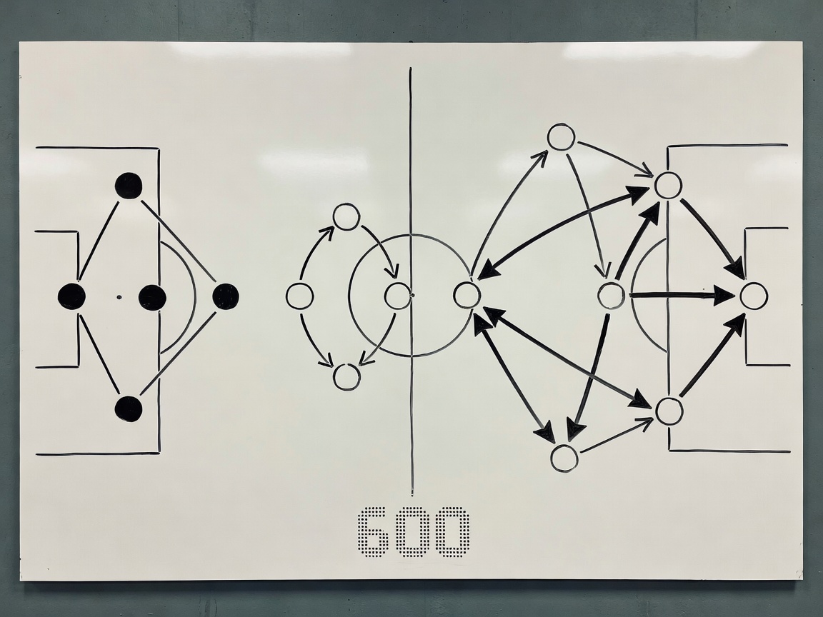 Tactical whiteboard illustrating 3-2-5 possession structures